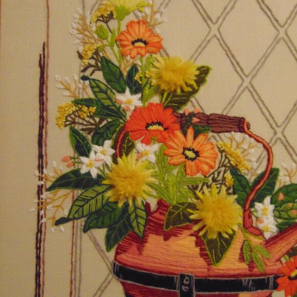 Vintage Copper Kettle & Flowers in Crewel, Wood Frame, 19.6 in x 25.6 in - Picture 5 of 8